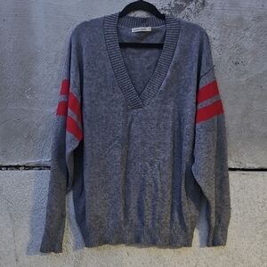 Carmar V-Neck Sweater in Gray with Red Stripes